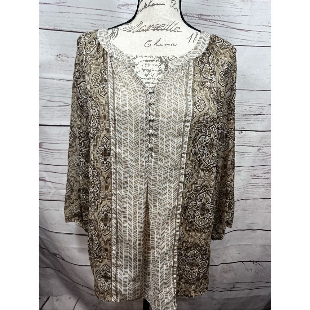Zac & Rachel large tan and white pullover blouse -‎ 2259